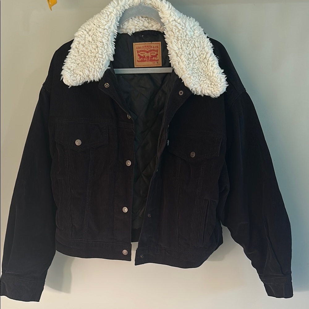 Levi Black Corduroy Jacket with White Sherpa Collar